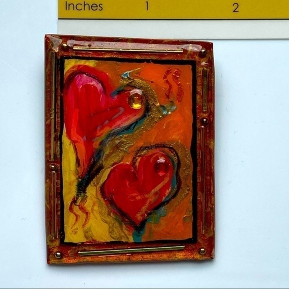 Vintage Red Yellow Acrylic over Paper Art Deco Heart Brooch Pin EUC - Picture 5 of 6